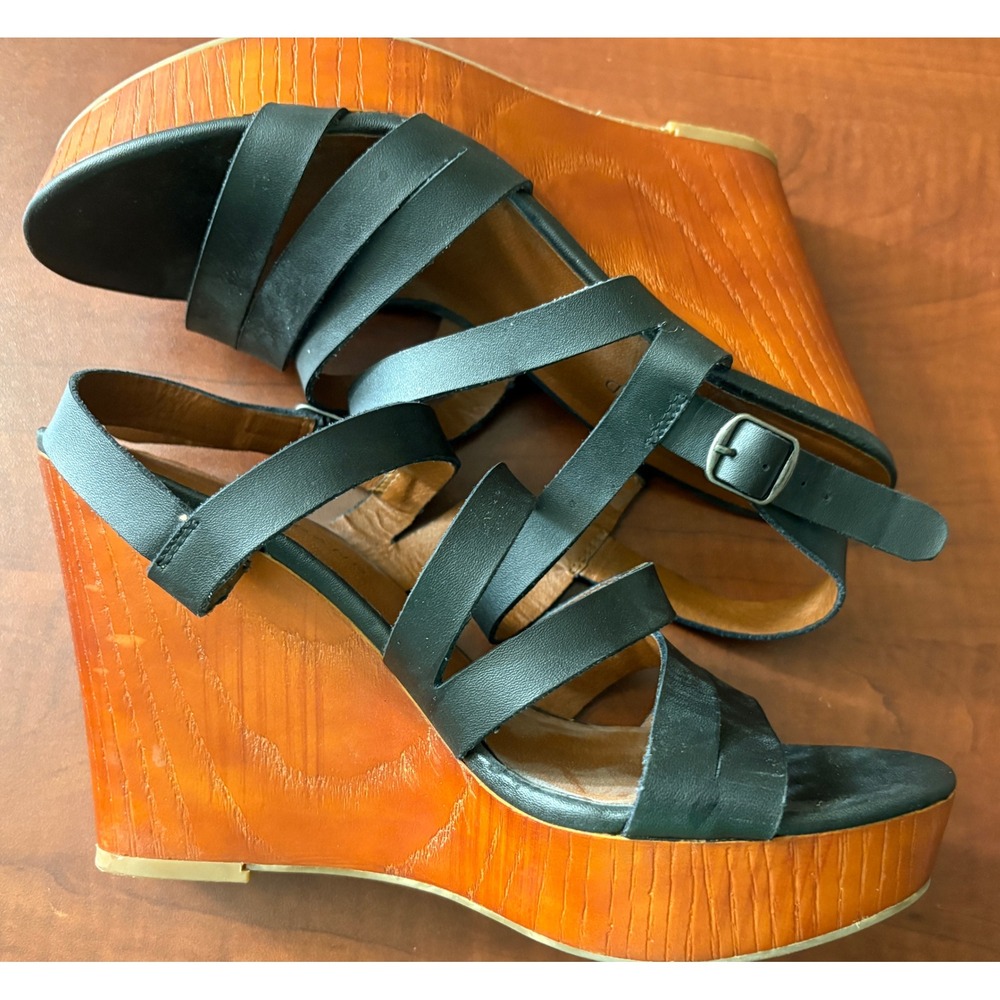 Lucky Brand Larinaa Black Leather Strappy Wood Platform Wedge Sandals 8.5M - Picture 3 of 7